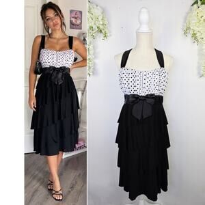 Deb Y2K Dress 1XL Black White Polka Dot Tiered Midi Dress Bow Vintage Retro Girl